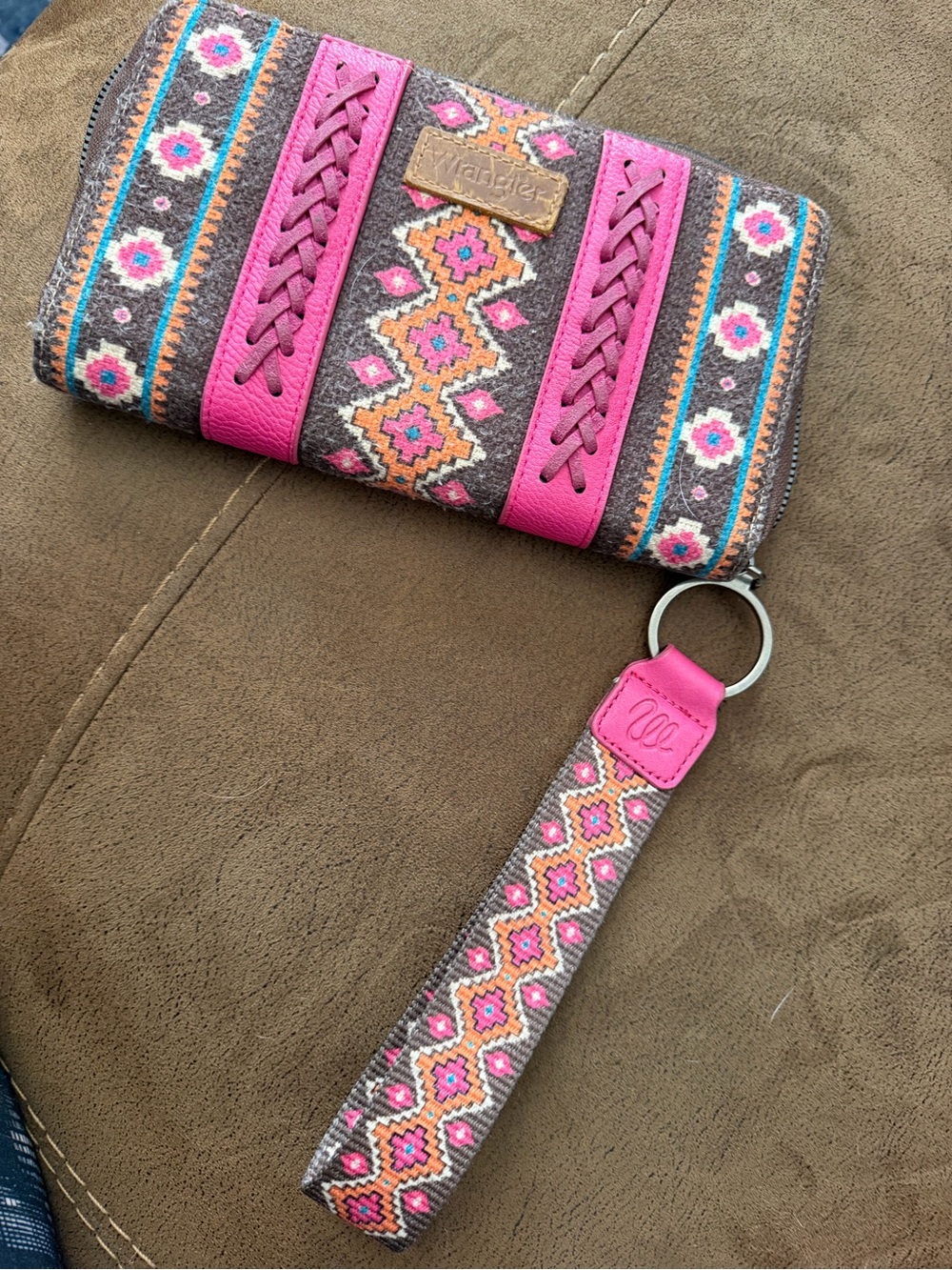 Wrangler Pink & Gray Embroidered Wristlet Wallet with Detachable Strap